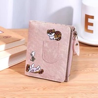 Dompet Pendek Bordir Kucing Lucu Baru Tiba Gaya Jeans Dompet Uang Ritsleting Kulit PU Dompet Lipat Dua Wanita Tempat Kartu Multi