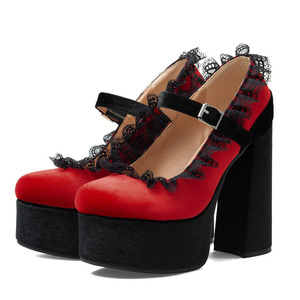Big Size 47 Lace Rim Thick Platform Patchwork Pumps Chunky High Heels Round Toe Sandals Women Buckle Strap <strong>Red</strong> <strong>Suede</strong> <strong>Shoes</strong> - Product Image 1