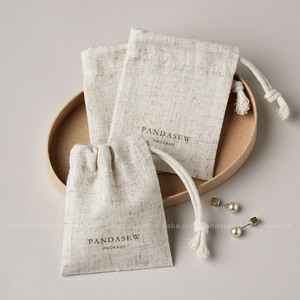 PandaSew Custom Logo Bamboo-joint Linen Drawstring Bag for <b>Ring</b> Earring Necklace Gift Packaging Jewelry Pouch - Product Image 6
