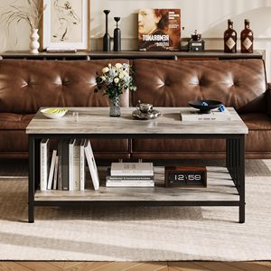Table basse SENYU Nu-Deco Grey Wash style ferme moderne pour salon avec cadre latéral à lattes et étagère de rangement à 2 niveaux - Product Image 2