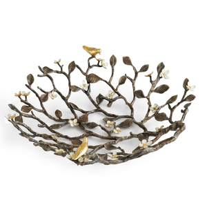 Bol décoratif au design artistique de branche avec oiseaux dorés, fait main en métal, style floral, pour mariage et décoration intérieure - Product Image 1