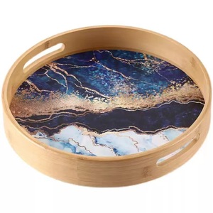 Wooden Round <b>Tray</b> With Painted Design For <b>Tea</b> Coffee Serving And Snacks - Product Image 2