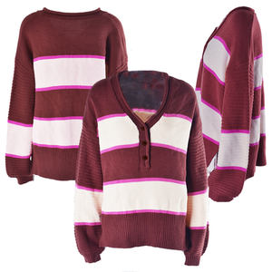 Tricoté Goutte Épaule Top Côté Fente <span class=keywords><strong>Pull</strong></span> En Tricot Bloc De Couleur Boutonné Col En V Côtelé Rayé <span class=keywords><strong>Pull</strong></span> Femmes - Product Image 5