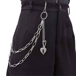 Heart Feather Pendant Double Layer Metal <b>Trouser</b> <b>Chain</b> Unisex Waist <b>Chain</b> Daily Wear Tibetan Silver Hip Hop Fashion Accessory - Product Image 1
