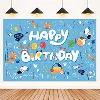 Toile de fond photo en coton bleu 5x3ft, motif dessin animé Joyeux Anniversaire pour enfants, garçons et filles, accessoires de photomaton pour fête d'anniversaire