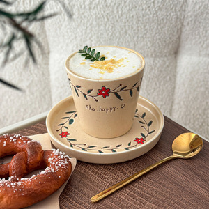 ถ้วยชาและจานรองเซรามิกขายส่ง ลายดอกไม้สไตล์วินเทจ ถ้วยกาแฟเซรามิก ถ้วยลาเต้ไม่มีหูจับ - Product Image 3