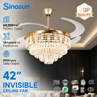 Ventilateur de plafond LED en cristal de luxe avec télécommande, moteur DC, pales invisibles de 42 pouces, pour salle à manger moderne haut de gamme (OEM/ODM)