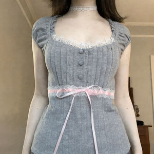 Cute Girl Lace Tie-Up Short Sleeve T-Shirt Women Summer Eco-Friendly Breathable V-Neck Lace Trim Button Front Casual Office Base - Product Image 2