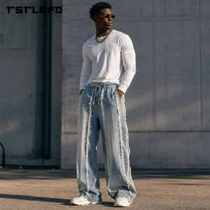 Pantalones vaqueros de pierna ancha con flecos, de tejido grueso, lavado vintage, paneles, estilo streetwear, cintura con cordón y flecos laterales, venta al por mayor - Product Image 2