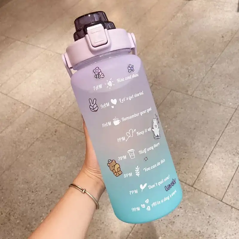 XIMAO 2L Motivierende Wasser flasche Botol Minum Heiße kalt isolierte Metall-Trink flasche mit Strohhalm