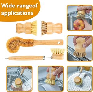 Custom Logo Bamboo Dish Brushes <b>Sets</b> Kitchen <b>Clean</b> Dish Scrubber for Pots Pans Bottles with Natural Bristles Bamboo Brushes <b>Sets</b> - Product Image 3