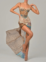 Robe longue sexy fendue en dentelle tissée imprimé léopard pour femme, élégante, patchwork, en mousseline, sans manches, dos nu, respirante, pour la plage ou les soirées