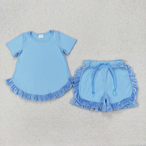 Ventes en gros de vêtements pour enfants en bas âge, filles, décontractés, en coton, à la mode, mignons, hauts à manches courtes à volants avec shorts, ensembles de 2 pièces - Product Image 3