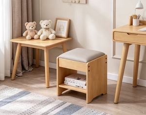 New Arrival Oak Wood Storage <b>Stool</b> with <b>Cushioned</b> Seat & Open Shelf for Entryway - Product Image 2