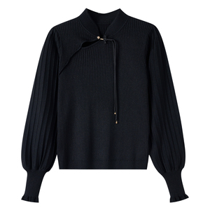 Women's Chinese Style <strong>Frog</strong> Button Rib <strong>Knit</strong> Long Sleeve Top, Mandarin Collar Drawstring Puff Lantern Sleeve Cream <strong>Knit</strong> Blouse - Product Image 3