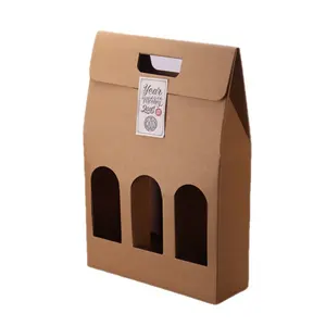 Custom Logo Luxury Cardboard 3 Pack Wine Box Carrier Cheap Portable Handle Corrugated Paper Packaging 3 Bottle Beer