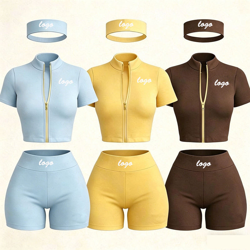 OEM Custom Summer Women Yoga Set Solid Color Zip up Jacket Skinny Fit Quick Dry Three Piece Shorts Fitness Activewear