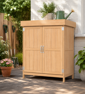 Abri de jardin en bois de sapin pour petits espaces, toit ouvrant à charnières, étagère amovible, rangement extérieur pour outils, portes doubles, 74x43x88cm, bois naturel - Product Image 1