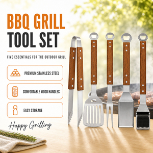 Set di Utensili per <span class=keywords><strong>Barbecue</strong></span> Resistente, 5 Pezzi con Manici <span class=keywords><strong>in</strong></span> Legno di Acacia, Set di Attrezzi BBQ con Apriscatole per Accessori da Griglia all'Aperto - Product Image 1