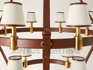Cercle Anneau <span class=keywords><strong>Riley</strong></span> Grand Lustre En Laiton Massif À 2 Niveaux Avec Garniture En Cuir De Luxe LED Pendentif Lumière Antique Luminaire - Product Image 5