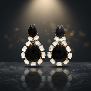 NEW ARRIVAL BLACK ONYX CRYSTAL QUARTZ <b>Huggie</b> Earrings Trendy Brass 20*24/12*16/7*5mm PEAR OVAL Shape <b>Gold</b> Plated - Product Image 3