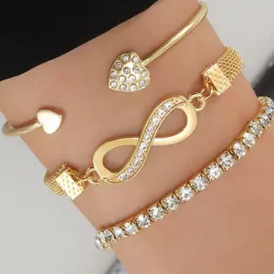 Atacado Vintage Banhado A Ouro Pulseiras Set Cristal Coração sorte Número 8 Charm Bracelet Bangle Fashion Jewelry
