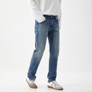 <span class=keywords><strong>Jeans</strong></span> pour hommes en denim bleu foncé, style urbain décontracté, dégradé vintage, taille mi-haute, coupe droite ample, avec logo personnalisé - Product Image 3