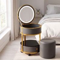 Coiffeuse moderne pour chambre d'hôtel/appartement en acier inoxydable et pin avec panneau de maquillage, miroir éclairé LED 3 couleurs et téléphone sans fil
