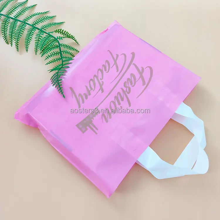 Saco de compras de plástico biodegradável, tamanho de logotipo personalizado de alta qualidade, sacos de compras plásticos rosa