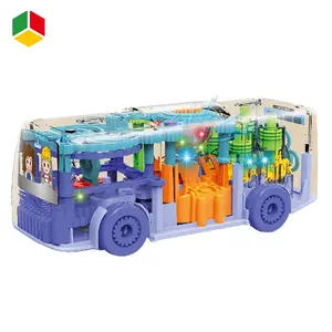 QS工厂价格儿童益智玩具塑料汽车七彩轻音乐B/O玩具透明齿轮电动巴士