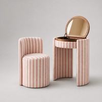 Table de toilette de luxe rose rayée en bouclette avec miroir LED rabattable, coiffeuse moderne minimaliste avec tabouret pour chambre à coucher