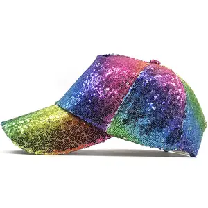 Wholesale Shiny Lady Colorful Bling Glitter Leather Hat Lgbt Pride Rainbow Sequins Baseball Cap