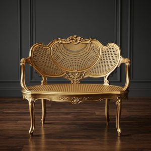 Vintage Curved Rattan Accent <b>Chair</b> with Gold Tone <b>Cane</b> Design Cotton Liner & Foam Filling for Living Room Lounge Furniture - Product Image 6