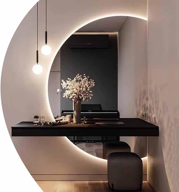 Modern Half Moon LED Frameless Wall Mirror Bathroom Vanity Semicircle Backlit Anti-Fog 3-Color Dimmable Smart Touch Switch
