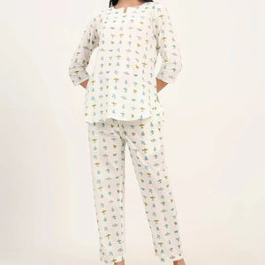 Conjunto de Pijama de Algodón con Estampado Floral y Manga 3/4 para Mujer, Ropa de Dormir con Estampado a Mano, Ropa de Noche para Mujer en Color Sólido, Precio al por Mayor Disponible - Product Image 1