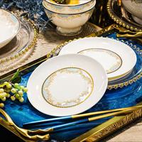 Service de table de luxe Yanjun Starlight 40/68 pièces en porcelaine fine, bordure bleue et or, design européen, compatible lave-vaisselle/micro-ondes/four pour la maison