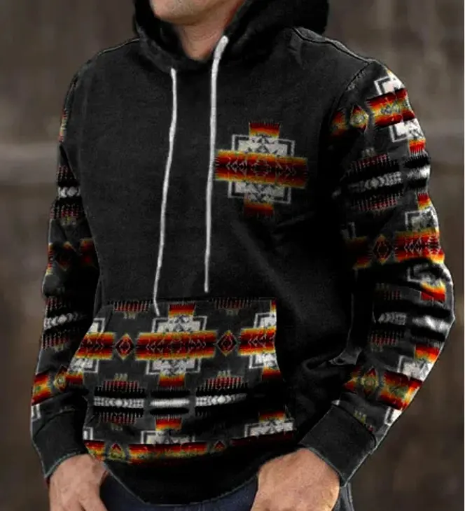 Western tribal aztec navajo pattern printed men pullover sweatshirts hoodie jacket with pocket