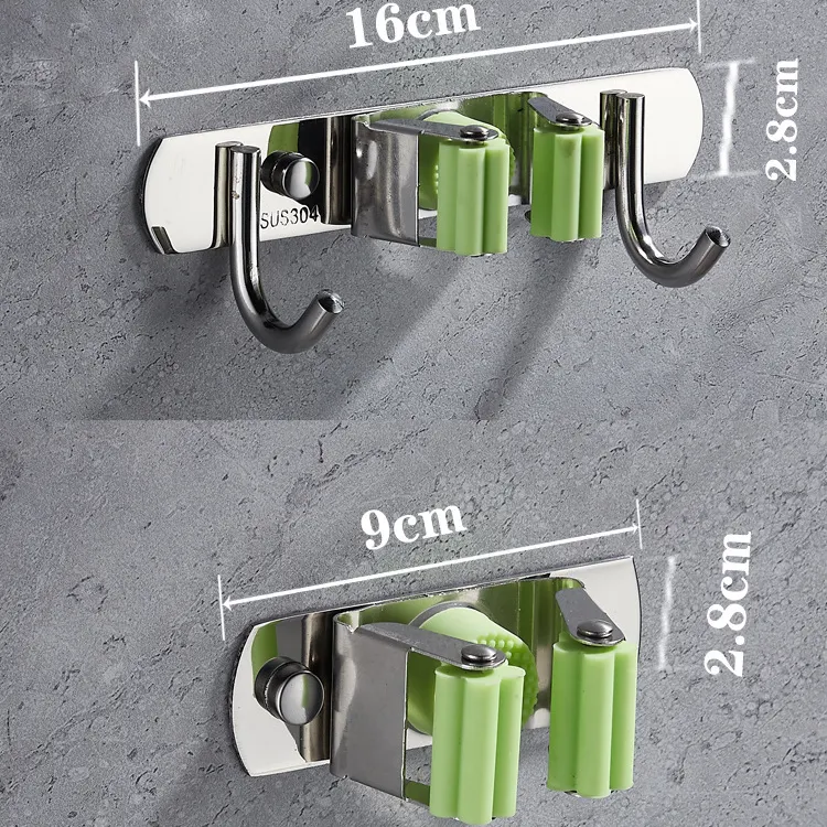 Multi-functional Adhesive Kitchen Wall Mounted Bathroom Broom Mops Tool Storage Rack Stainless Steel Hooks Holder
