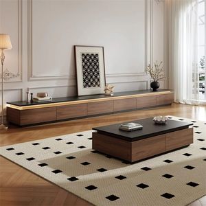 <b>Walnut</b> Wood <b>TV</b> Cabinet Floor <b>Standing</b> Storage Living Room Set Italian Minimalist Style Stone Slab Top Coffee Table Combination - Product Image 4