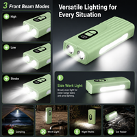 Lampe de vélo LED rechargeable étanche IP44 Z838 verte en ABS, avec fonction Power Bank et chargement Type-C, 500LM, modes Haute/Basse/Flash, idéale pour le camping