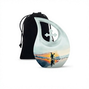 Urne pour adultes de crémation de pingouins et de coucher de soleil de haute qualité pour l'urne de larme et de croix de cendres humaines avec sac de velours gratuit - Product Image 1