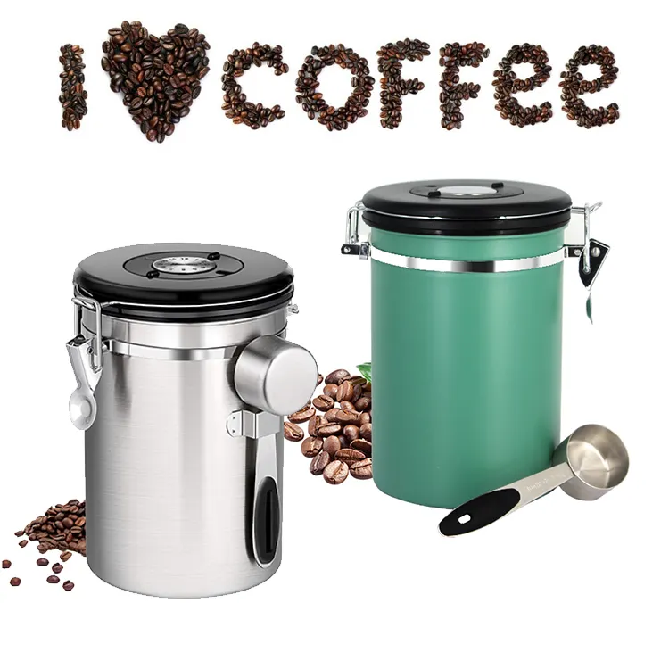 ステンレス鋼のコーヒーグラウンドとビーンズコンテナティーシュガーコーヒーキャニスター、日付トラッカー、CO2-Releaseバルブ、スプーン付き