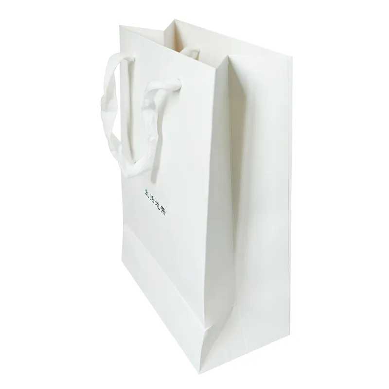 Tùy chỉnh logo của riêng bạn thân thiện với môi có thể tái chế Ribbon xử lý mua sắm bán lẻ bao bì các tông màu trắng túi giấy