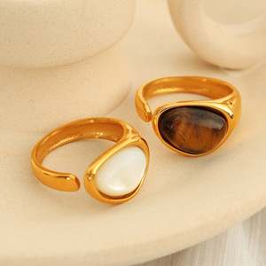 French Vintage Style Natural Tiger's Eye <b>Ring</b> <b>Titanium</b> Steel Plated 18k Gold Open Design Unisex Jewelry Gift - Product Image 2