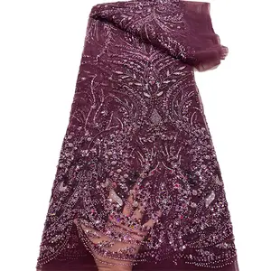 奢华蕾丝面料串珠刺绣紫色蕾丝面料服装制作材料