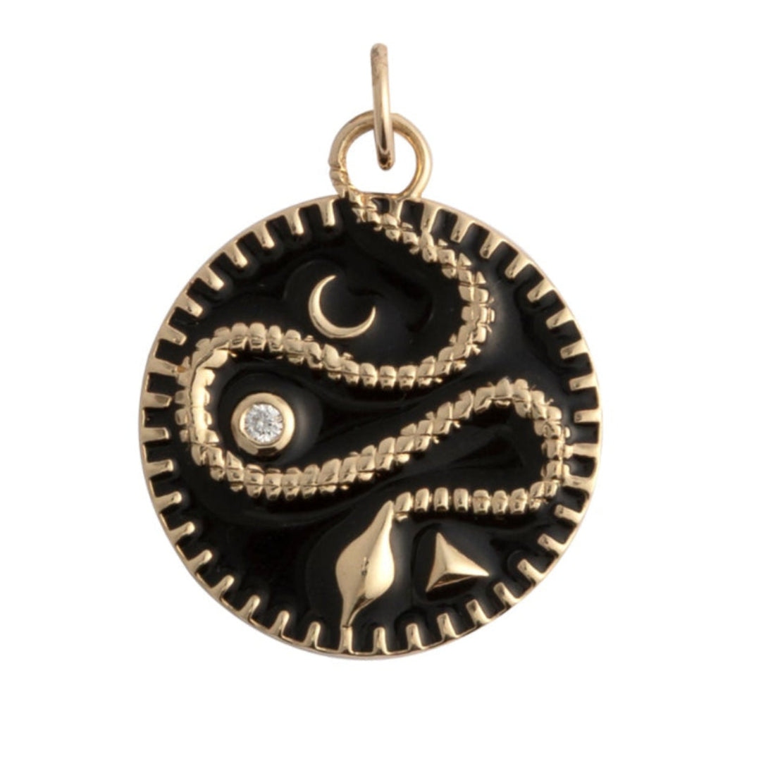 Pendentif plaque ronde serpent spirituel lune et étoile à base noire