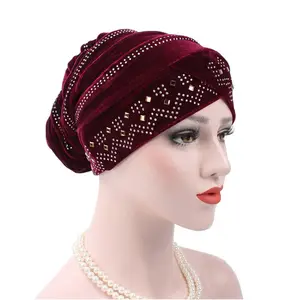 Newest Style Fashion Women Velvet Turban Head Wrap Pleated Muslim Hijab Rhinestone Turban Cap