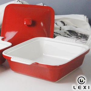 Casseruola in Ceramica Rossa con Coperchio, Manici Bianchi Scanalati, Piatto da Forno in Porcellana Lucida <span class=keywords><strong>per</strong></span> Casa, Cucina, Forno, Tavola, Hotel, Regalo - Product Image 3