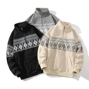Sweat-shirt polaire vintage pour homme, col montant zippé, imprimé flocons de neige, poche kangourou, vente en gros, décontracté, hiver - Product Image 3