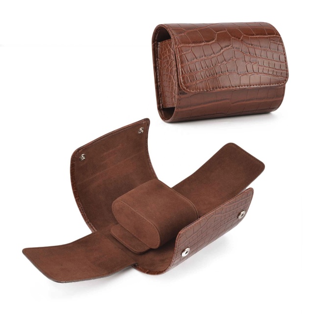 Luxury Brown Alligator Genuine Leather Travel Wrist Watch Storage Packing Organizer Case for Men with Detachable Pillow